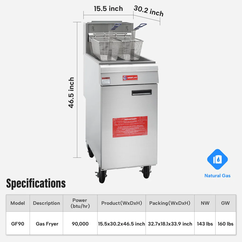 WESTLAKE 40 lb. Commercial Gas Floor Fryer with Casters | GF90 90,000 BTU