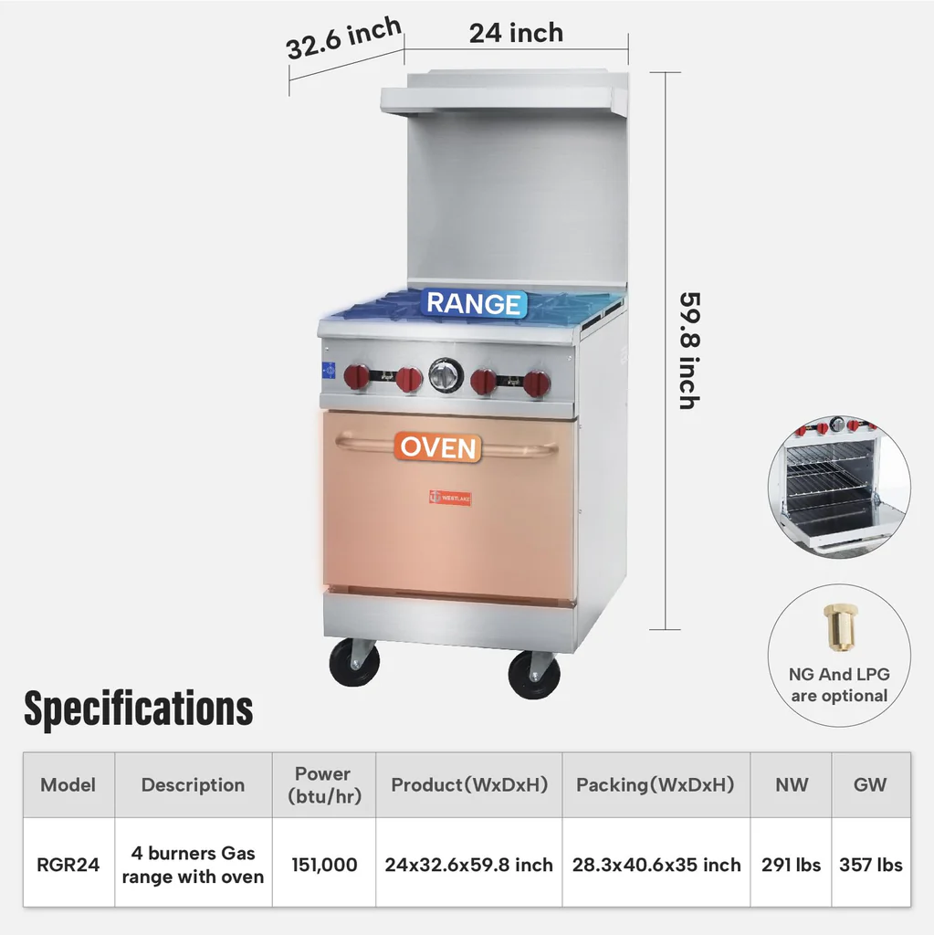 WESTLAKE 4 Burner 24" Restaurant Commercial Gas Range with Standard Oven 151,000 BTU Stainless Steel