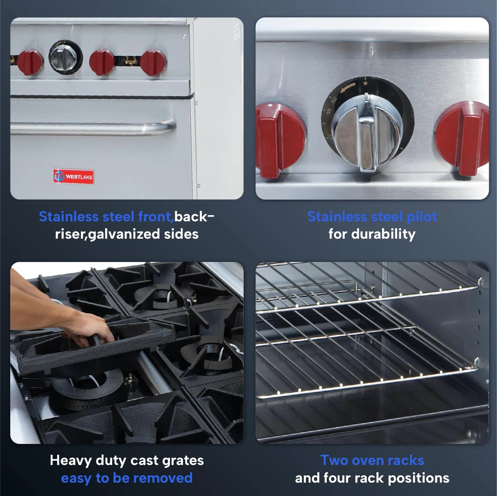 WESTLAKE 4 Burner 24" Restaurant Commercial Gas Range with Standard Oven 151,000 BTU Stainless Steel